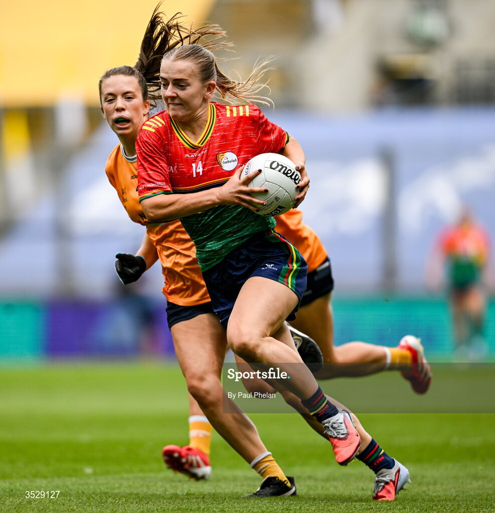 2 August 2026; Sara Doyle of Carlow in action against Maeve Mulholland of Antrim during the LGFA TG4 All-Ireland Junior Championship final match between Antrim and Carlow at Croke Park in Dublin. Photo by Paul Phelan/Sportsfile