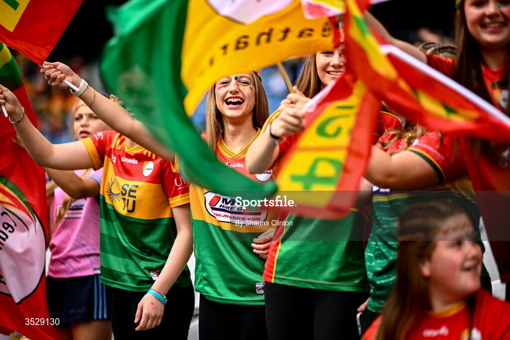 2 August 2026; Carlow supporters during the LGFA TG4 All-Ireland Junior Championship final match between Antrim and Carlow at Croke Park in Dublin. Photo by Shauna Clinton/Sportsfile