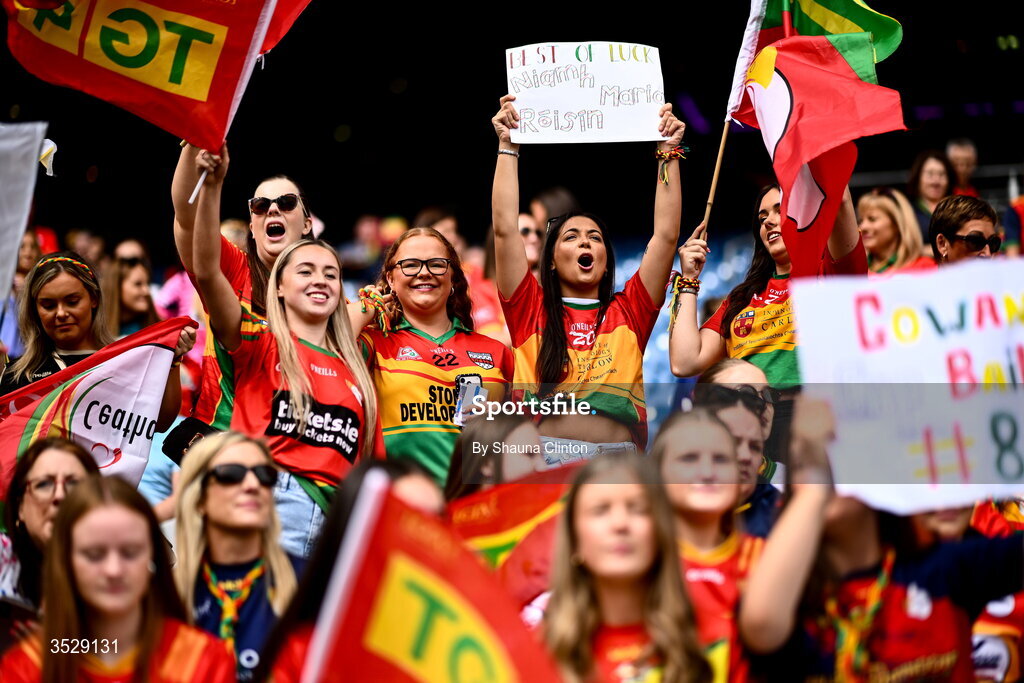 2 August 2026; Carlow supporters during the LGFA TG4 All-Ireland Junior Championship final match between Antrim and Carlow at Croke Park in Dublin. Photo by Shauna Clinton/Sportsfile