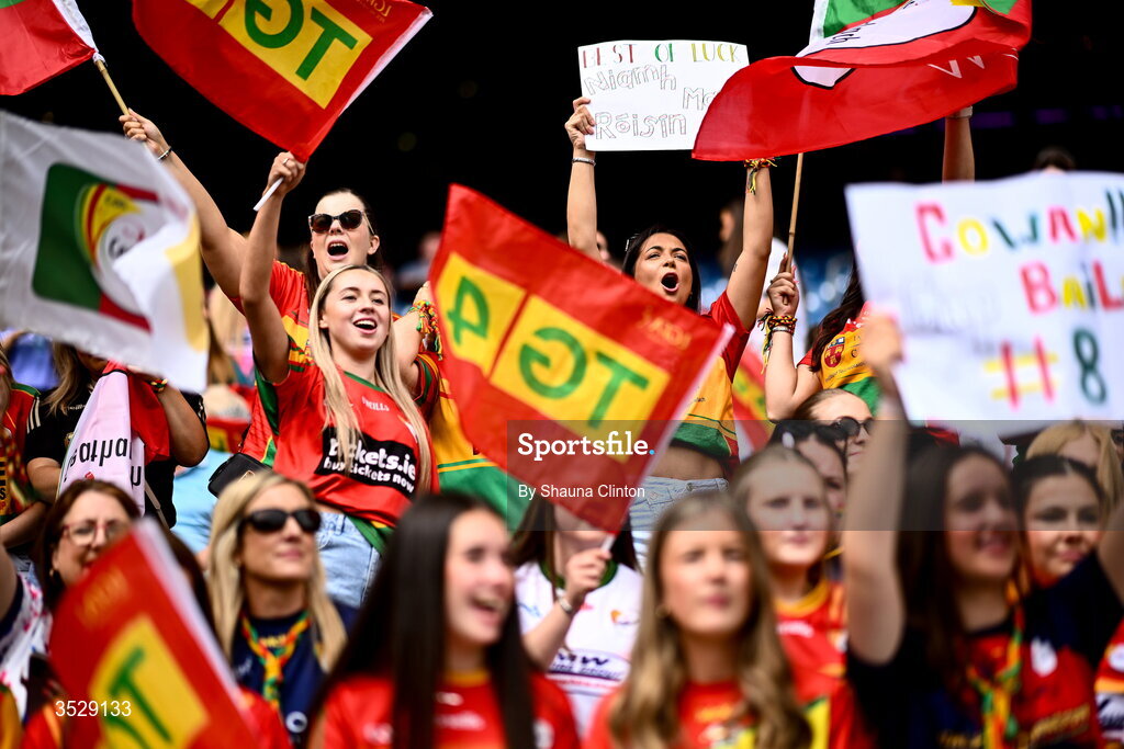 2 August 2026; Carlow supporters during the LGFA TG4 All-Ireland Junior Championship final match between Antrim and Carlow at Croke Park in Dublin. Photo by Shauna Clinton/Sportsfile