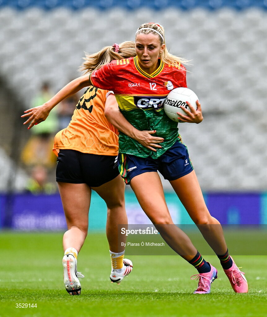 2 August 2026; Amy Hanley of Carlow in action against Alyssa Davidson of Antrim during the LGFA TG4 All-Ireland Junior Championship final match between Antrim and Carlow at Croke Park in Dublin. Photo by Piaras Ó Mídheach/Sportsfile