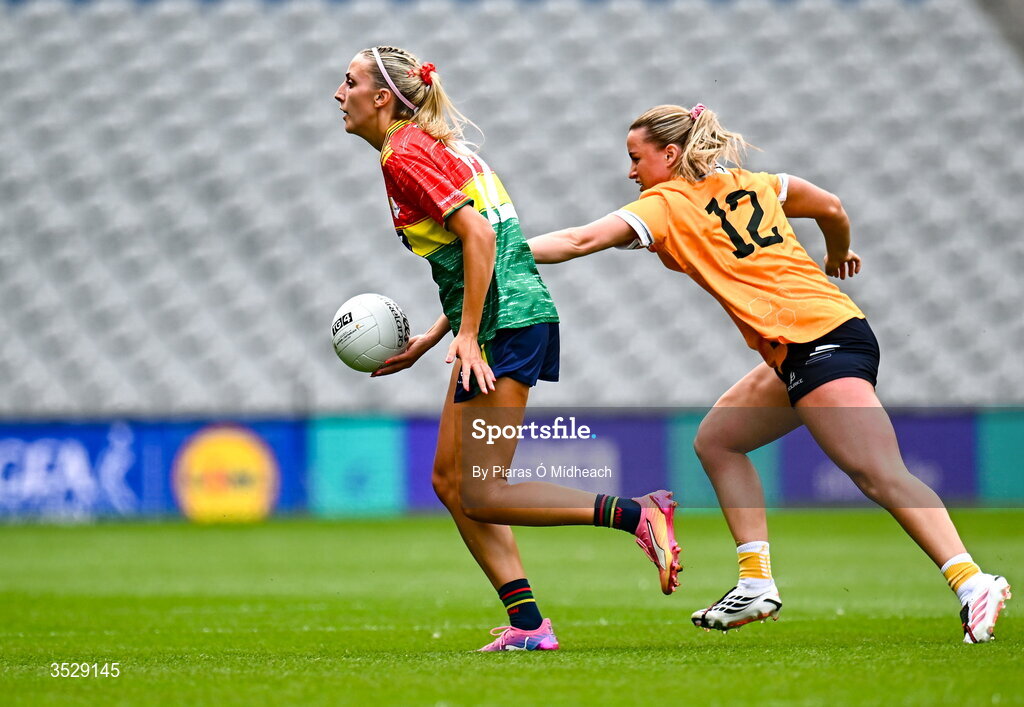 2 August 2026; Amy Hanley of Carlow in action against Alyssa Davidson of Antrim during the LGFA TG4 All-Ireland Junior Championship final match between Antrim and Carlow at Croke Park in Dublin. Photo by Piaras Ó Mídheach/Sportsfile