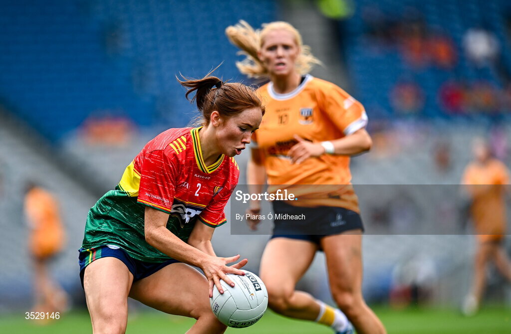 2 August 2026; Aoife Carroll of Carlow in action against Theresa Mellon of Antrim during the LGFA TG4 All-Ireland Junior Championship final match between Antrim and Carlow at Croke Park in Dublin. Photo by Piaras Ó Mídheach/Sportsfile