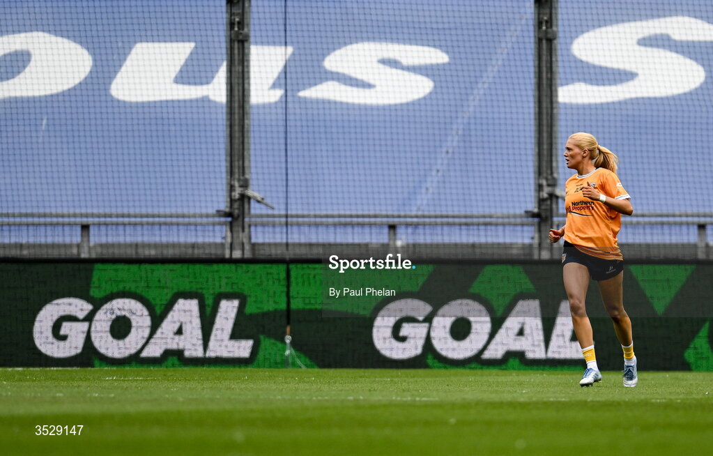 2 August 2026; Theresa Mellon of Antrim celebrates after scoring her side's first goal during the LGFA TG4 All-Ireland Junior Championship final match between Antrim and Carlow at Croke Park in Dublin. Photo by Paul Phelan/Sportsfile