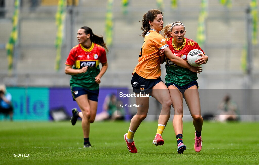 2 August 2026; Amy Hanley of Carlow in action against Laura Agnew of Antrim during the LGFA TG4 All-Ireland Junior Championship final match between Antrim and Carlow at Croke Park in Dublin. Photo by Paul Phelan/Sportsfile