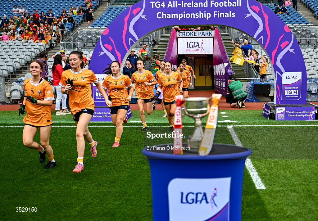 2 August 2026; Antrim players run out past The West County Hotel Cup before the LGFA TG4 All-Ireland Junior Championship final match between Antrim and Carlow at Croke Park in Dublin. Photo by Piaras Ó Mídheach/Sportsfile