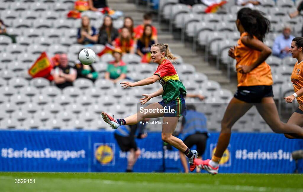 2 August 2026; Sara Doyle of Carlow scores a point during the LGFA TG4 All-Ireland Junior Championship final match between Antrim and Carlow at Croke Park in Dublin. Photo by Paul Phelan/Sportsfile