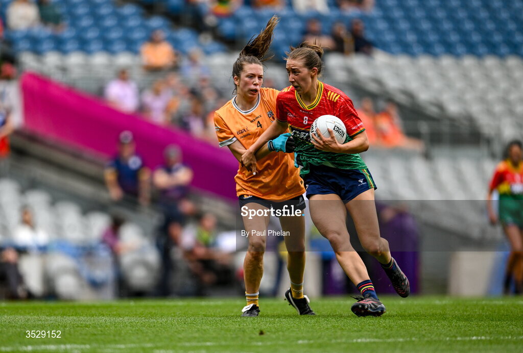 2 August 2026; Róisín Bailey of Carlow in action against Maeve Mulholland of Antrim during the LGFA TG4 All-Ireland Junior Championship final match between Antrim and Carlow at Croke Park in Dublin. Photo by Paul Phelan/Sportsfile