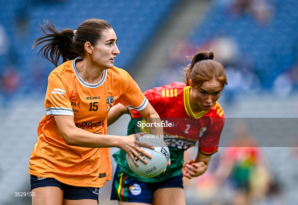 2 August 2026; Orlaith Prenter of Antrim in action against Aoife Carroll of Carlow during the LGFA TG4 All-Ireland Junior Championship final match between Antrim and Carlow at Croke Park in Dublin. Photo by Piaras Ó Mídheach/Sportsfile