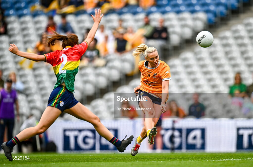 2 August 2026; Áine Tubridy of Antrim shoots under pressure from Aoife Carroll of Carlow during the LGFA TG4 All-Ireland Junior Championship final match between Antrim and Carlow at Croke Park in Dublin. Photo by Piaras Ó Mídheach/Sportsfile