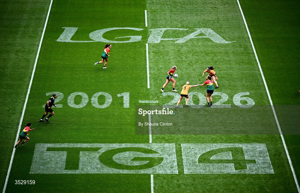 2 August 2026; A general view of action during the LGFA TG4 All-Ireland Junior Championship final match between Antrim and Carlow at Croke Park in Dublin. Photo by Shauna Clinton/Sportsfile