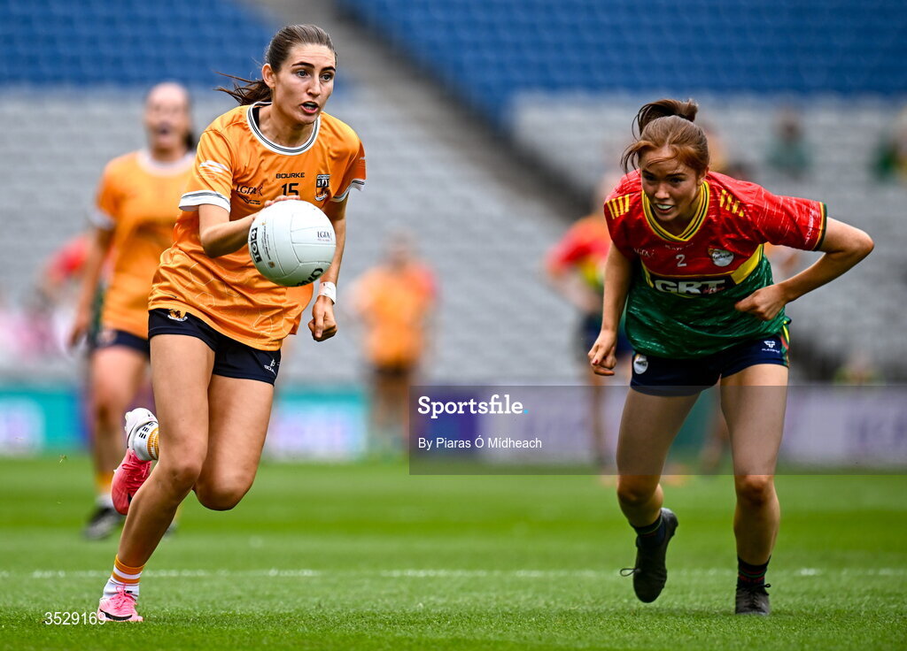 2 August 2026; Orlaith Prenter of Antrim in action against Aoife Carroll of Carlow during the LGFA TG4 All-Ireland Junior Championship final match between Antrim and Carlow at Croke Park in Dublin. Photo by Piaras Ó Mídheach/Sportsfile