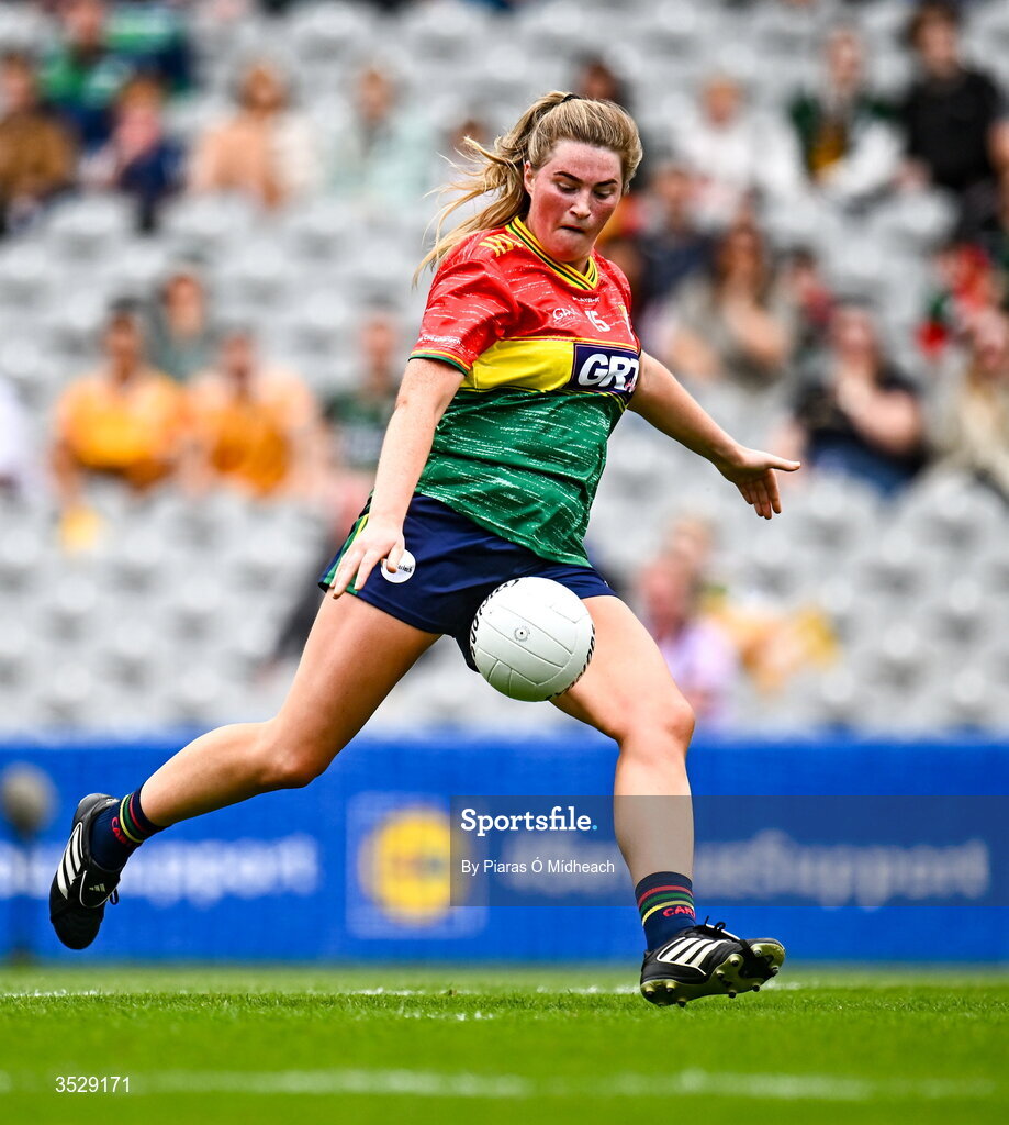 2 August 2026; Aibha Kiernan of Carlow scores her side's first goal during the LGFA TG4 All-Ireland Junior Championship final match between Antrim and Carlow at Croke Park in Dublin. Photo by Piaras Ó Mídheach/Sportsfile
