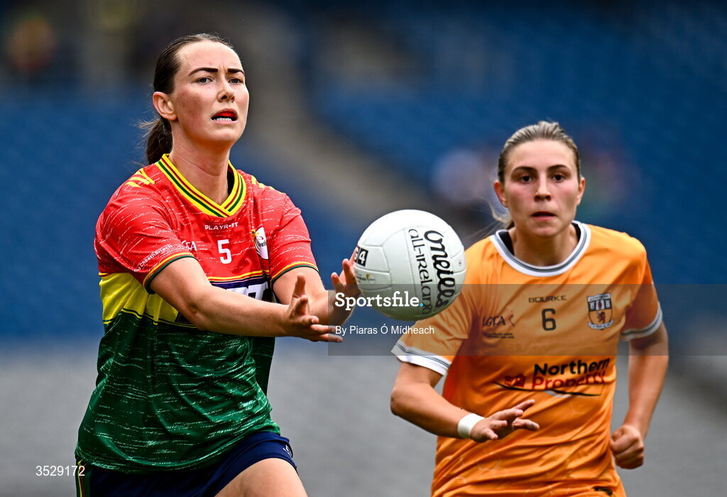 2 August 2026; Aoibhín Webb of Carlow in action against Dúana Coleman of Antrim during the LGFA TG4 All-Ireland Junior Championship final match between Antrim and Carlow at Croke Park in Dublin. Photo by Piaras Ó Mídheach/Sportsfile