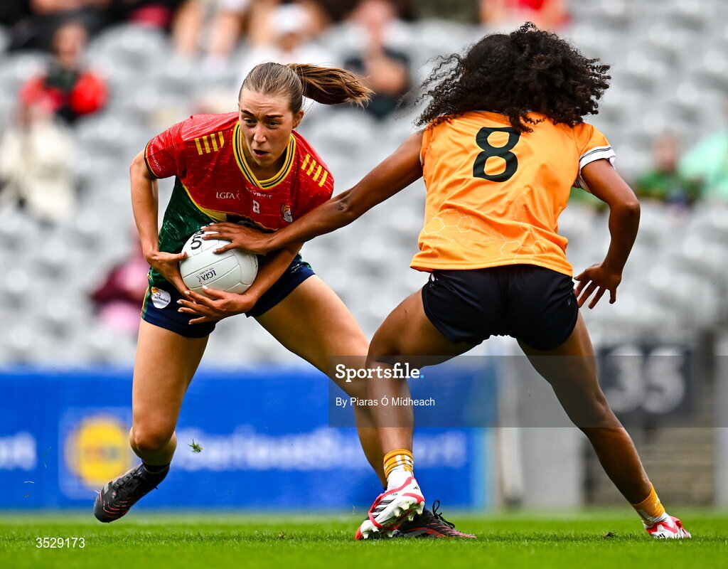 2 August 2026; Róisín Bailey of Carlow in action against Lara Dahunsi of Antrim during the LGFA TG4 All-Ireland Junior Championship final match between Antrim and Carlow at Croke Park in Dublin. Photo by Piaras Ó Mídheach/Sportsfile