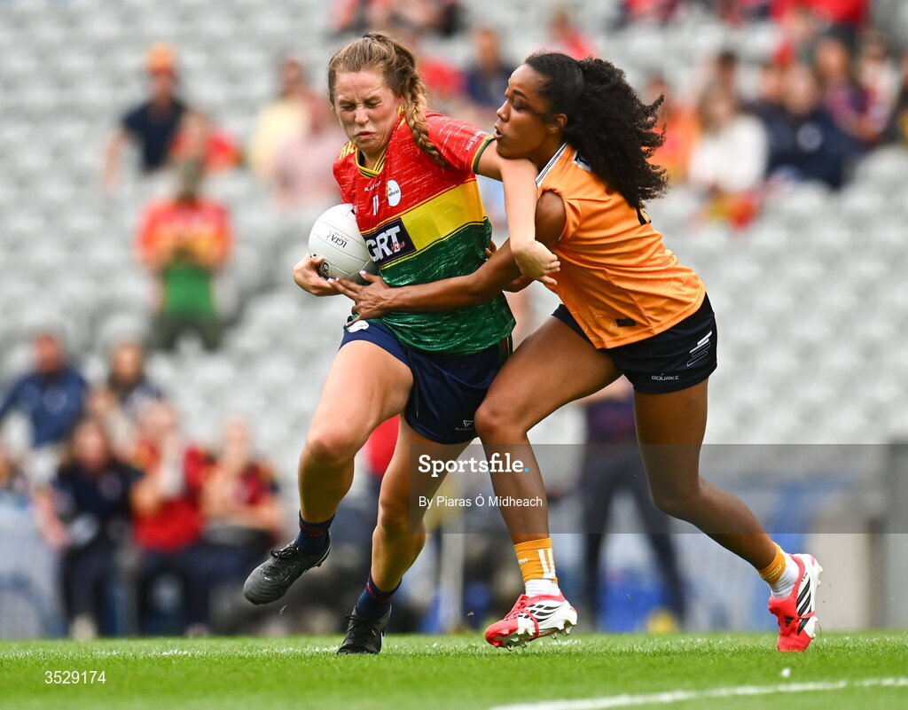 2 August 2026; Clíodhna Ní Shé of Carlow in action against Lara Dahunsi of Antrim during the LGFA TG4 All-Ireland Junior Championship final match between Antrim and Carlow at Croke Park in Dublin. Photo by Piaras Ó Mídheach/Sportsfile