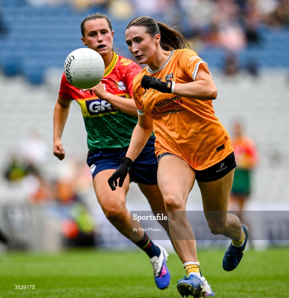2 August 2026; Maria O'Neill of Antrim in action against Anne Roche of Carlow during the LGFA TG4 All-Ireland Junior Championship final match between Antrim and Carlow at Croke Park in Dublin. Photo by Paul Phelan/Sportsfile