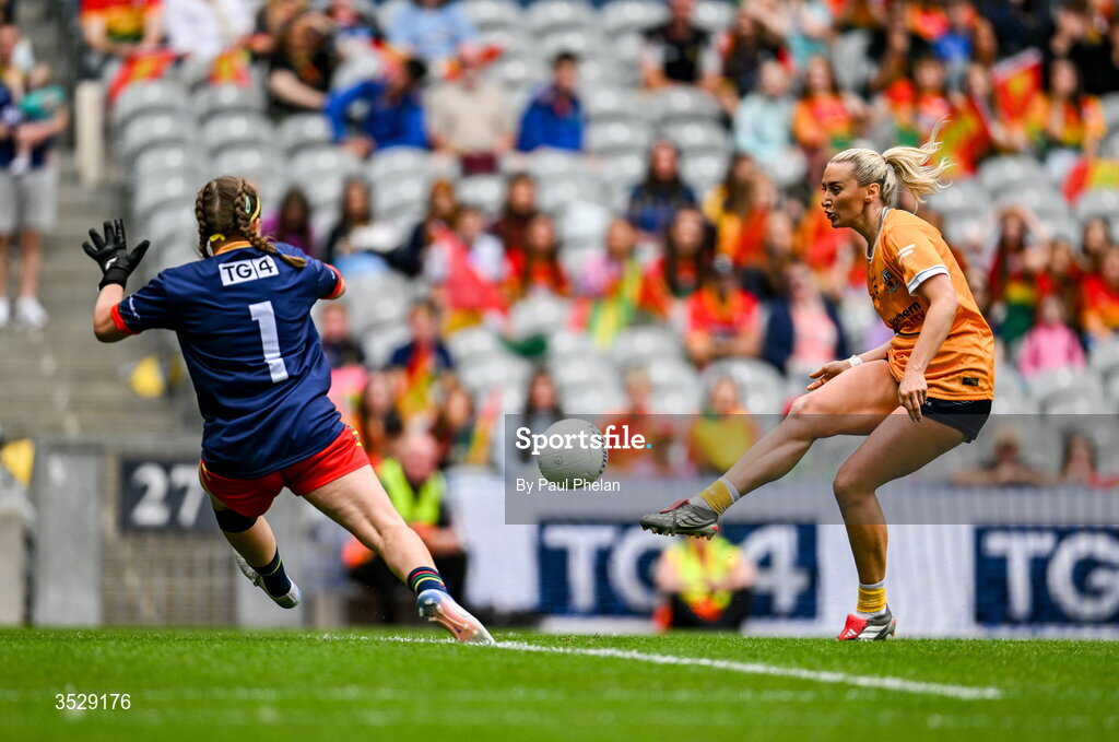 2 August 2026; Áine Tubridy of Antrim misses a chance during the LGFA TG4 All-Ireland Junior Championship final match between Antrim and Carlow at Croke Park in Dublin. Photo by Paul Phelan/Sportsfile