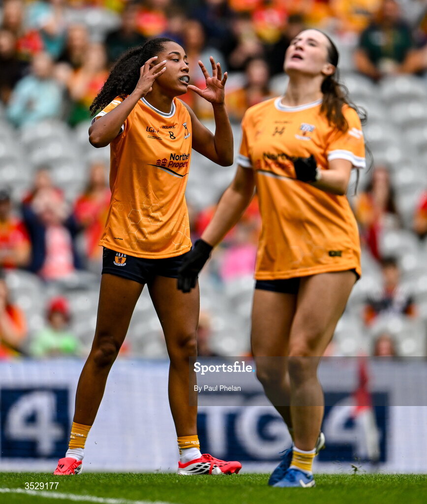 2 August 2026; Lara Dahunsi of Antrim reacts during the LGFA TG4 All-Ireland Junior Championship final match between Antrim and Carlow at Croke Park in Dublin. Photo by Paul Phelan/Sportsfile