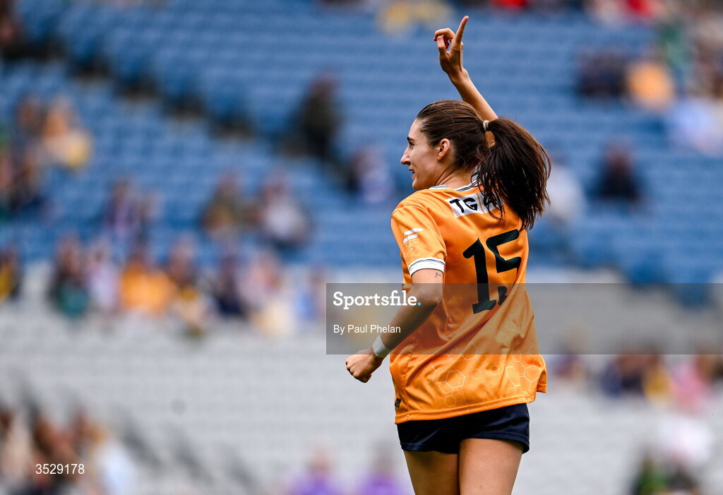 2 August 2026; Orlaith Prenter of Antrim celebrates scoring a point during the LGFA TG4 All-Ireland Junior Championship final match between Antrim and Carlow at Croke Park in Dublin. Photo by Paul Phelan/Sportsfile