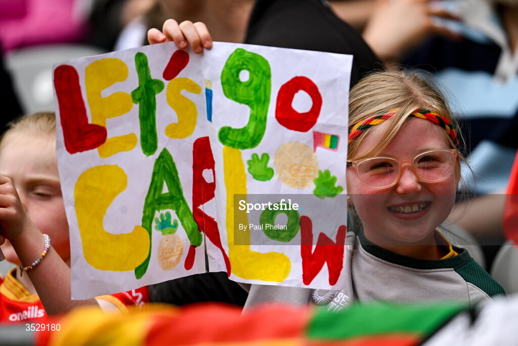 2 August 2026; A Carlow supporter during the LGFA TG4 All-Ireland Junior Championship final match between Antrim and Carlow at Croke Park in Dublin. Photo by Paul Phelan/Sportsfile