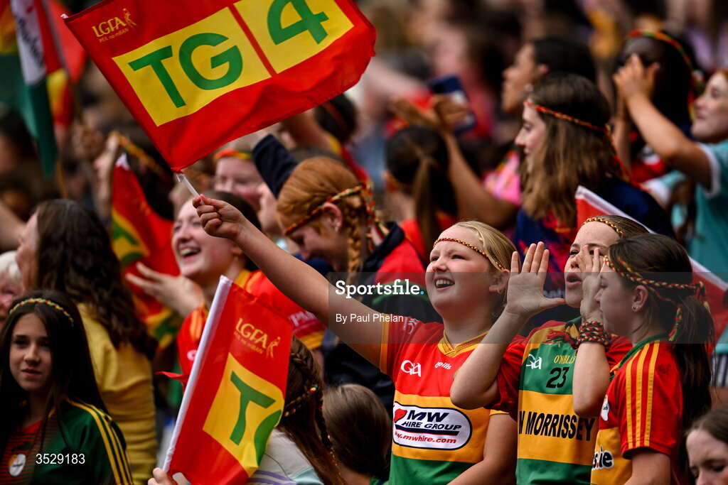 2 August 2026; Carlow supporters celebrate after their team score a goal during the LGFA TG4 All-Ireland Junior Championship final match between Antrim and Carlow at Croke Park in Dublin. Photo by Paul Phelan/Sportsfile
