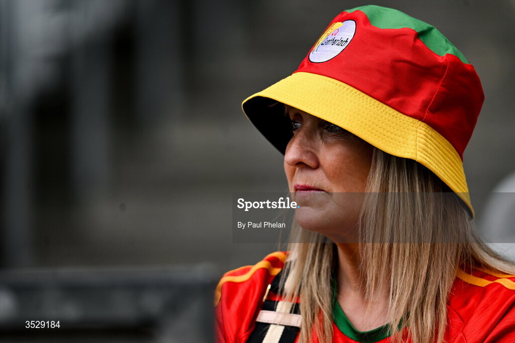 2 August 2026; A Carlow supporter during the LGFA TG4 All-Ireland Junior Championship final match between Antrim and Carlow at Croke Park in Dublin. Photo by Paul Phelan/Sportsfile