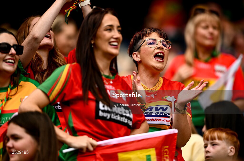 2 August 2026; Carlow supporters during the LGFA TG4 All-Ireland Junior Championship final match between Antrim and Carlow at Croke Park in Dublin. Photo by Shauna Clinton/Sportsfile