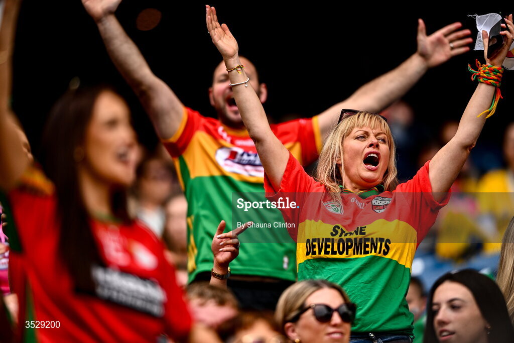 2 August 2026; Carlow supporters during the LGFA TG4 All-Ireland Junior Championship final match between Antrim and Carlow at Croke Park in Dublin. Photo by Shauna Clinton/Sportsfile