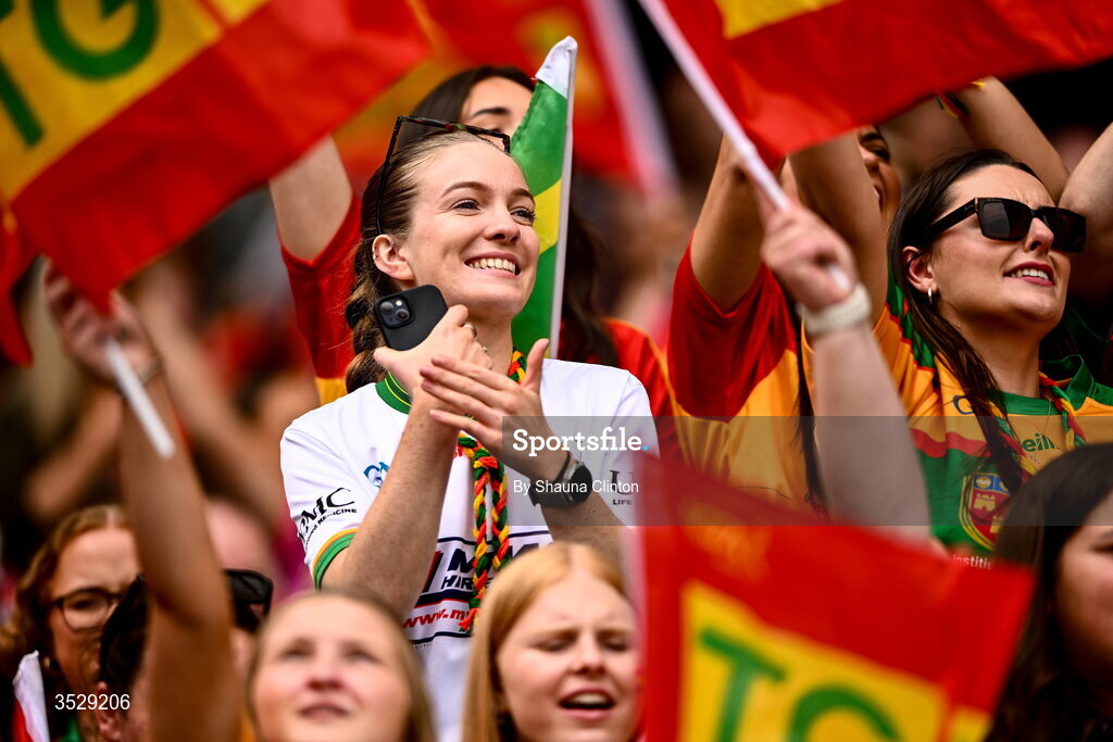 2 August 2026; Carlow supporters during the LGFA TG4 All-Ireland Junior Championship final match between Antrim and Carlow at Croke Park in Dublin. Photo by Shauna Clinton/Sportsfile