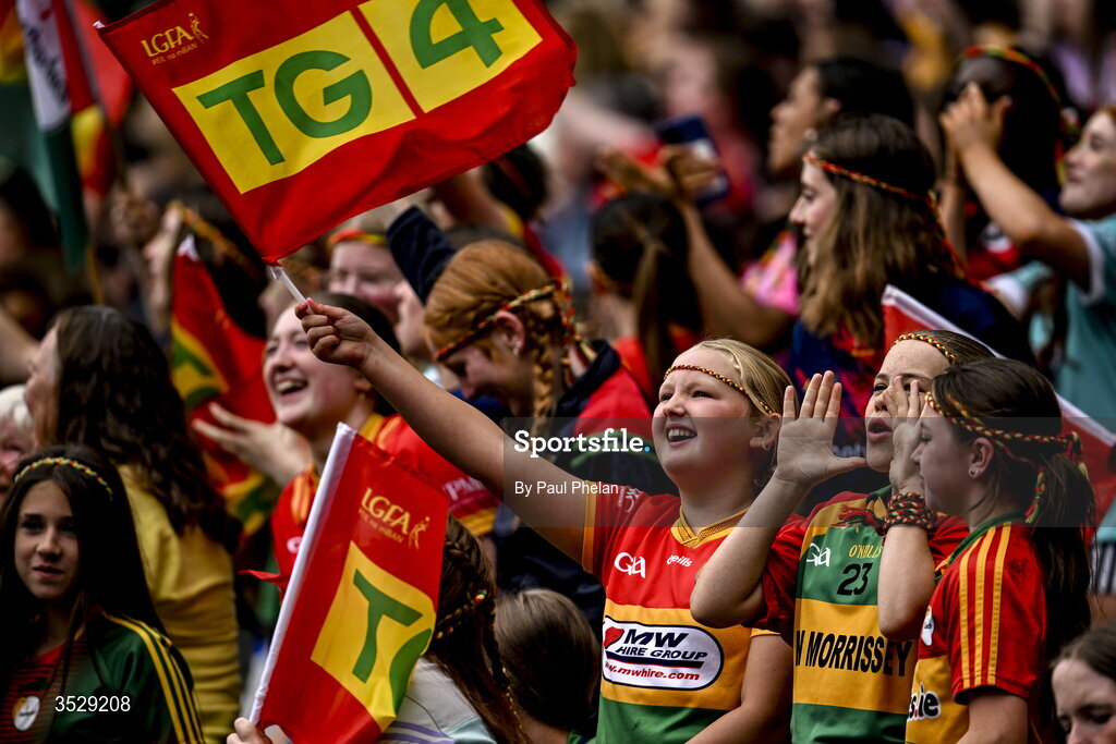 2 August 2026; Carlow supporters celebrate after their team score a goal during the LGFA TG4 All-Ireland Junior Championship final match between Antrim and Carlow at Croke Park in Dublin. Photo by Paul Phelan/Sportsfile