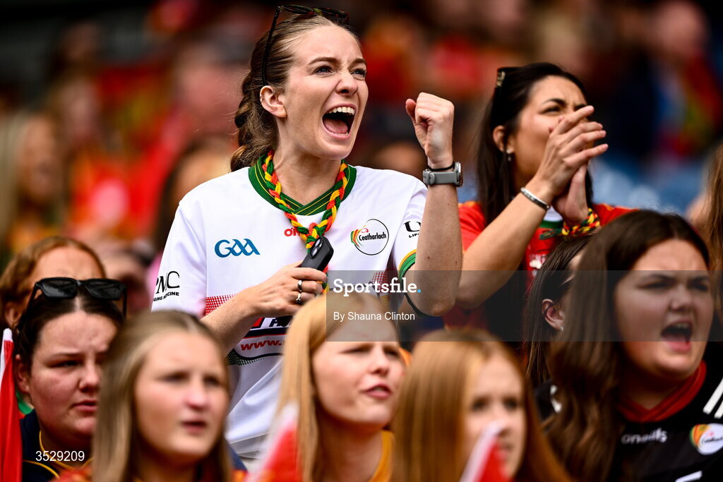 2 August 2026; Carlow supporters during the LGFA TG4 All-Ireland Junior Championship final match between Antrim and Carlow at Croke Park in Dublin. Photo by Shauna Clinton/Sportsfile