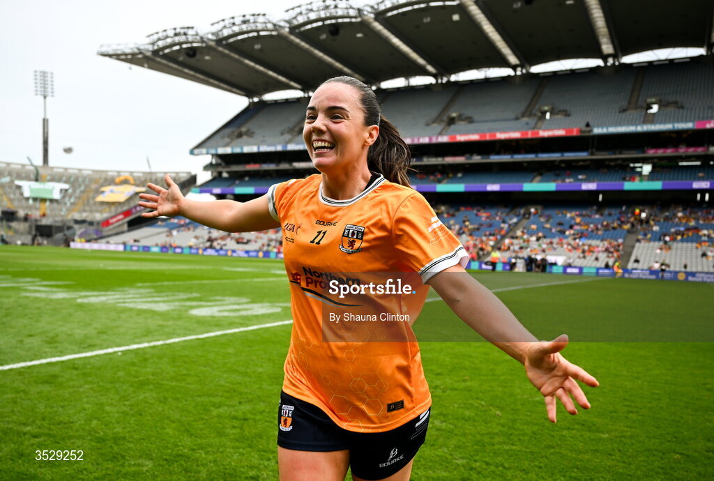 2 August 2026; Bronagh Devlin of Antrim celebrates after her side's victory in the LGFA TG4 All-Ireland Junior Championship final match between Antrim and Carlow at Croke Park in Dublin. Photo by Shauna Clinton/Sportsfile