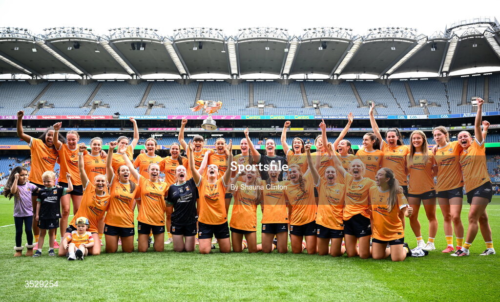 2 August 2026; Antrim players, including captain Bronagh Devlin, centre, celebrate after their side's victory in the LGFA TG4 All-Ireland Junior Championship final match between Antrim and Carlow at Croke Park in Dublin. Photo by Shauna Clinton/Sportsfile