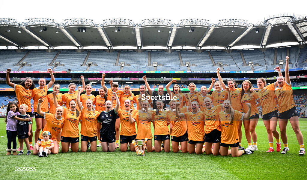 2 August 2026; Antrim players, including captain Bronagh Devlin, centre, celebrate after their side's victory in the LGFA TG4 All-Ireland Junior Championship final match between Antrim and Carlow at Croke Park in Dublin. Photo by Shauna Clinton/Sportsfile