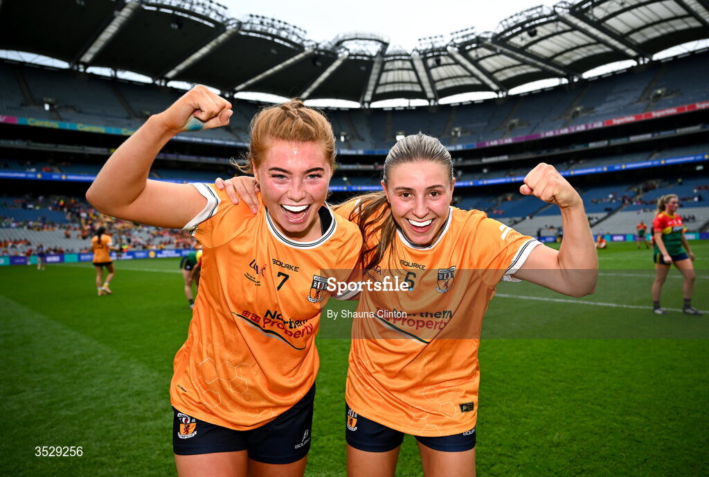 2 August 2026; Antrim players Carla McKenna, left, and Dúana Coleman celebrate after their side's victory in the LGFA TG4 All-Ireland Junior Championship final match between Antrim and Carlow at Croke Park in Dublin. Photo by Shauna Clinton/Sportsfile