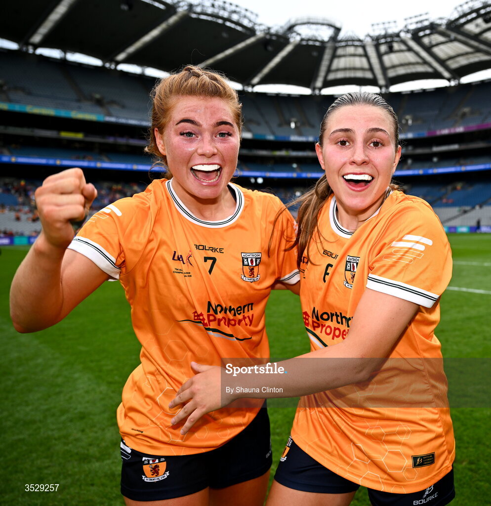 2 August 2026; Antrim players Carla McKenna, left, and Dúana Coleman celebrate after their side's victory in the LGFA TG4 All-Ireland Junior Championship final match between Antrim and Carlow at Croke Park in Dublin. Photo by Shauna Clinton/Sportsfile