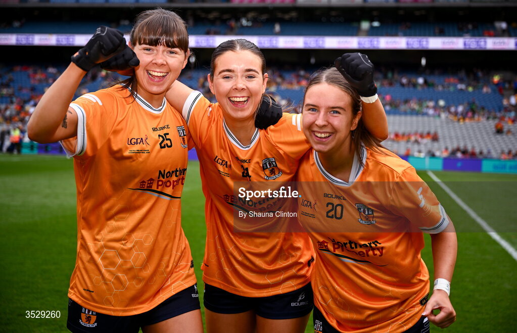 2 August 2026; Antrim players Aoife Taggart, Caitlin Taggart and Aine Kelly celebrate after their side's victory in the LGFA TG4 All-Ireland Junior Championship final match between Antrim and Carlow at Croke Park in Dublin. Photo by Shauna Clinton/Sportsfile