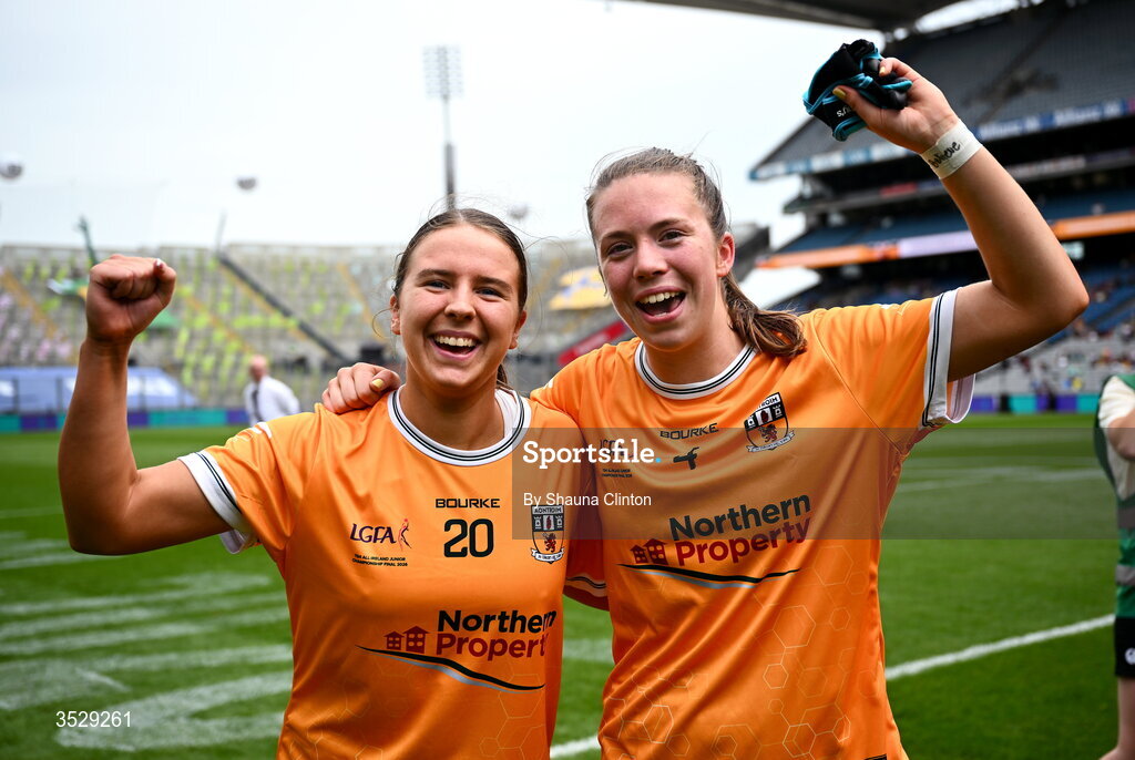 2 August 2026; Antrim players Aine Kelly, left, and Maeve Mulholland celebrate after their side's victory in the LGFA TG4 All-Ireland Junior Championship final match between Antrim and Carlow at Croke Park in Dublin. Photo by Shauna Clinton/Sportsfile