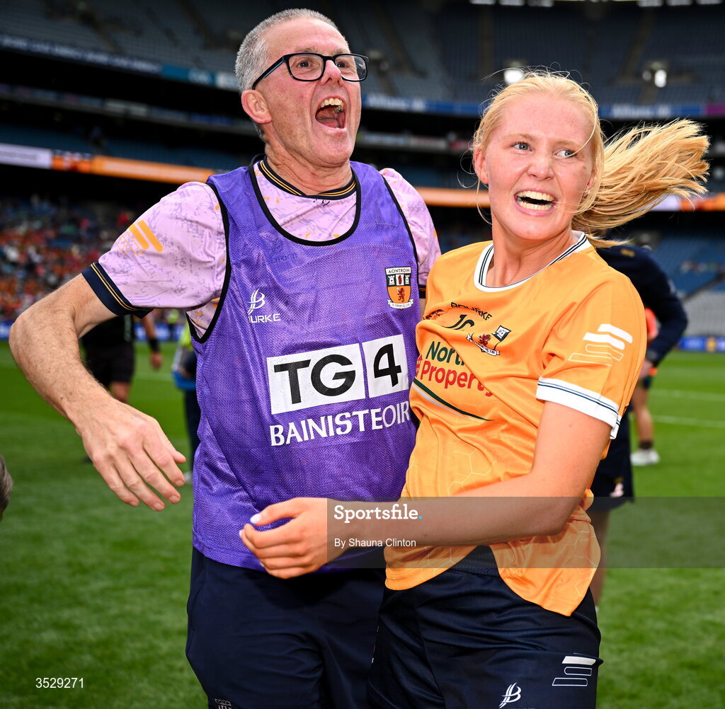 2 August 2026; Antrim manager Chris Scullion celebrates with Theresa Mellon of Antrim after their side's victory in the LGFA TG4 All-Ireland Junior Championship final match between Antrim and Carlow at Croke Park in Dublin. Photo by Shauna Clinton/Sportsfile