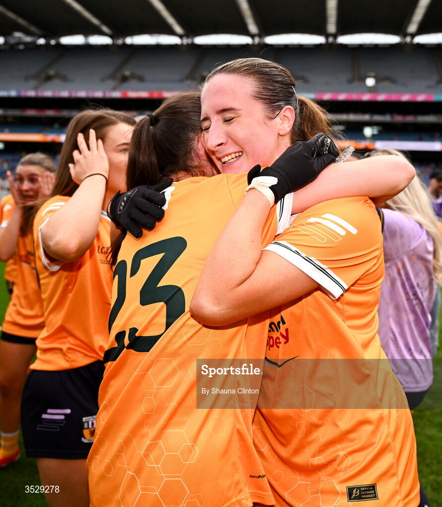 2 August 2026; Maria O'Neill of Antrim, right, celebrates with team-mate Hanna Donaghy after their side's victory in the LGFA TG4 All-Ireland Junior Championship final match between Antrim and Carlow at Croke Park in Dublin. Photo by Shauna Clinton/Sportsfile