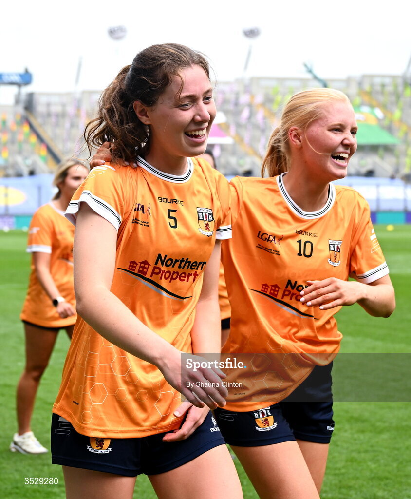 2 August 2026; Antrim players celebrate after their side's victory in the LGFA TG4 All-Ireland Junior Championship final match between Antrim and Carlow at Croke Park in Dublin. Photo by Shauna Clinton/Sportsfile