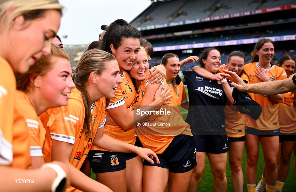 2 August 2026; Antrim players celebrate after their side's victory in the LGFA TG4 All-Ireland Junior Championship final match between Antrim and Carlow at Croke Park in Dublin. Photo by Shauna Clinton/Sportsfile