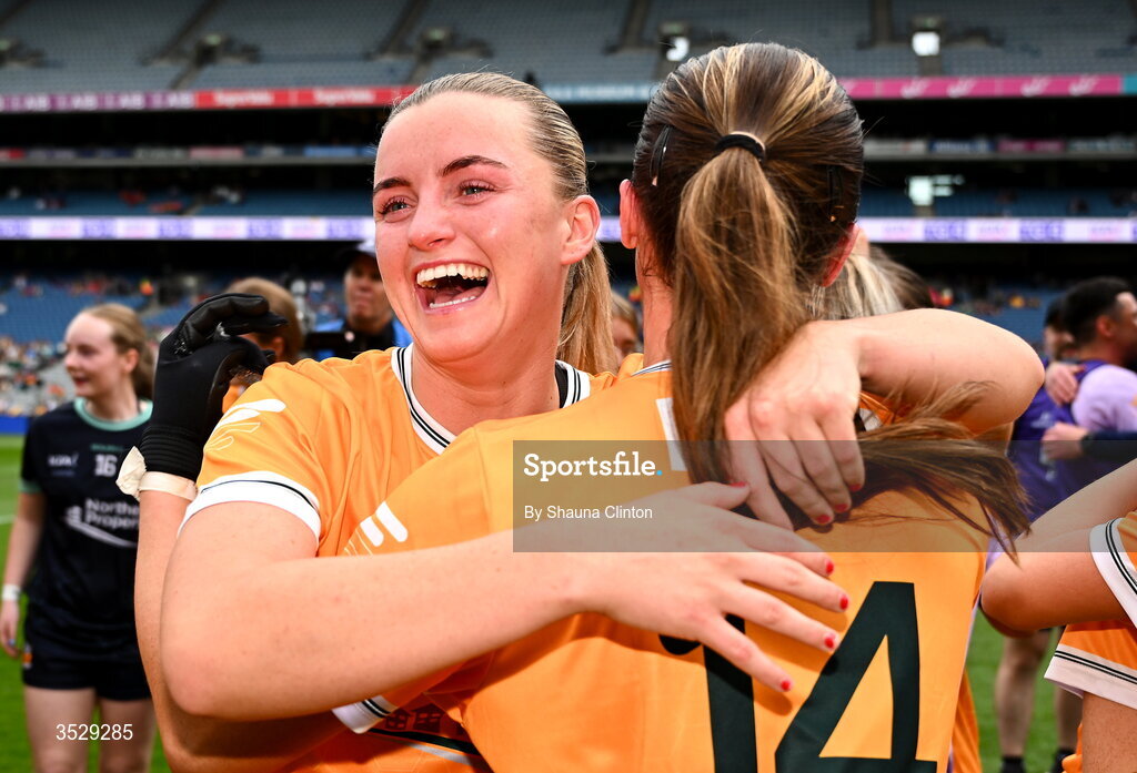 2 August 2026; Antrim players celebrate after their side's victory in the LGFA TG4 All-Ireland Junior Championship final match between Antrim and Carlow at Croke Park in Dublin. Photo by Shauna Clinton/Sportsfile