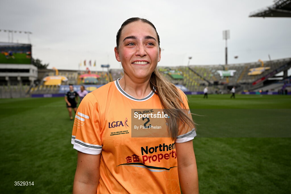 2 August 2026; Emily Kearns of Antrim celebrates after winning the LGFA TG4 All-Ireland Junior Championship final match between Antrim and Carlow at Croke Park in Dublin. Photo by Paul Phelan/Sportsfile