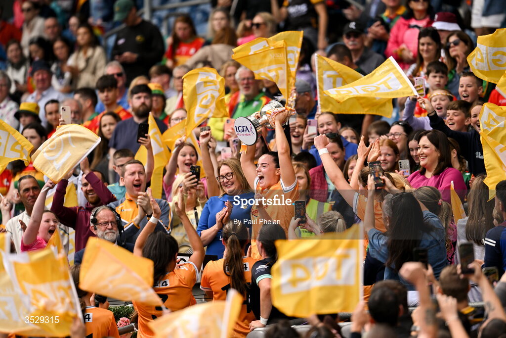 2 August 2026; Antrim captain Bronagh Devlin lifts the West County Hotel Cup following the LGFA TG4 All-Ireland Junior Championship final match between Antrim and Carlow at Croke Park in Dublin. Photo by Paul Phelan/Sportsfile