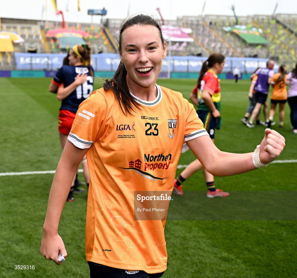 2 August 2026; Hanna Donaghy of Antrim celebrates after winning the LGFA TG4 All-Ireland Junior Championship final match between Antrim and Carlow at Croke Park in Dublin. Photo by Paul Phelan/Sportsfile