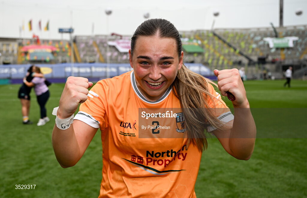 2 August 2026; Emily Kearns of Antrim celebrates after winning the LGFA TG4 All-Ireland Junior Championship final match between Antrim and Carlow at Croke Park in Dublin. Photo by Paul Phelan/Sportsfile