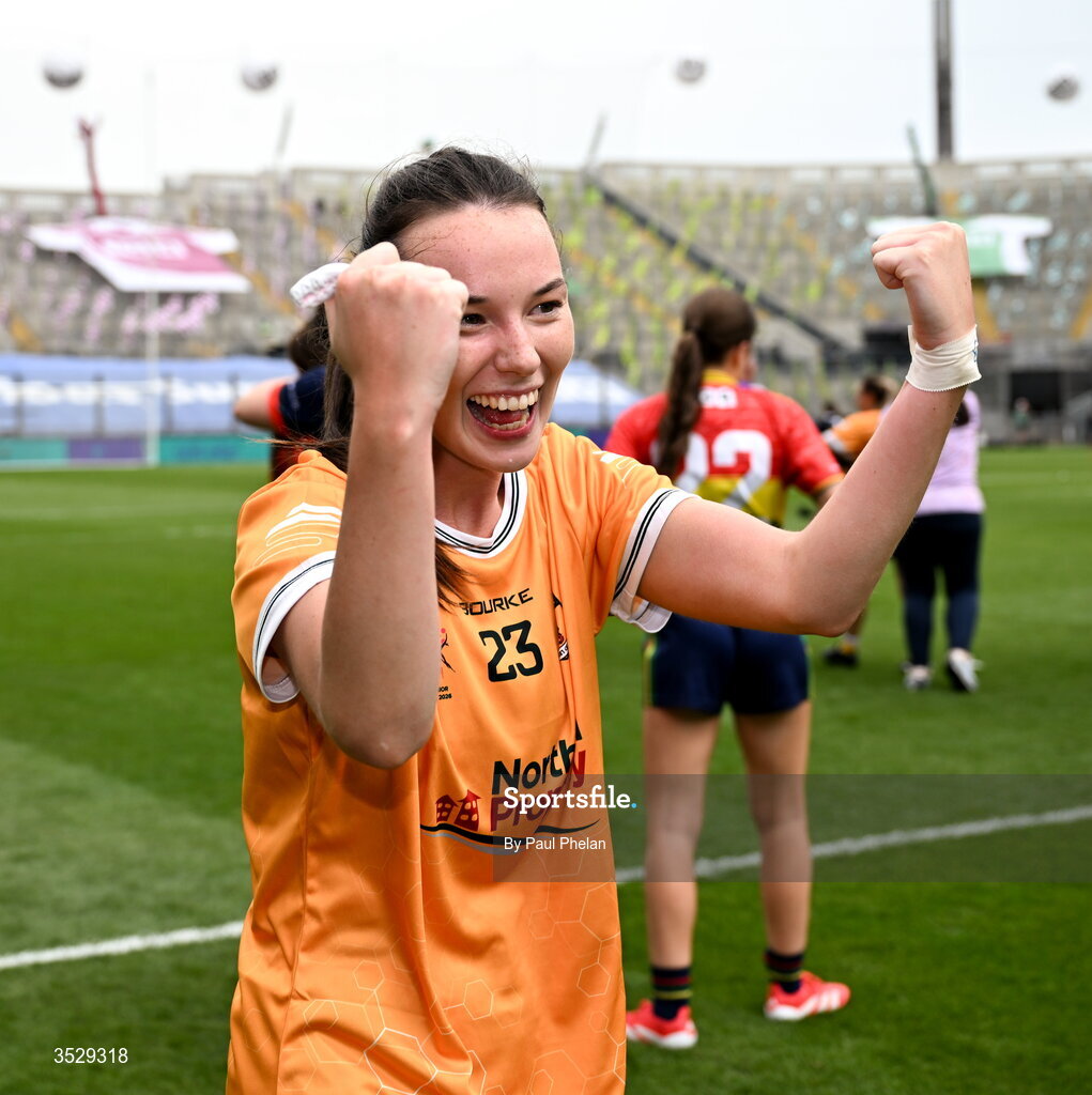 2 August 2026; Hanna Donaghy of Antrim celebrates after winning the LGFA TG4 All-Ireland Junior Championship final match between Antrim and Carlow at Croke Park in Dublin. Photo by Paul Phelan/Sportsfile