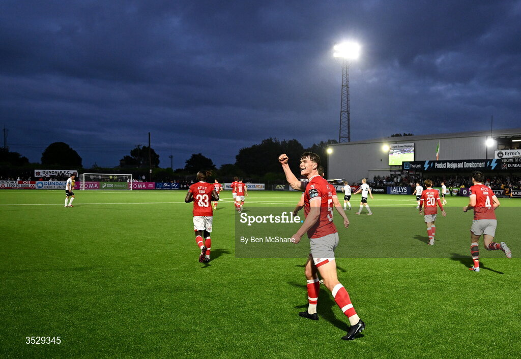 31 July 2026; Gareth McElroy of Sligo Rovers celebrates after scoring his side's first goal during the SSE Airtricity Premier Division match between Dundalk and Sligo Rovers at Oriel Park in Dundalk, Louth. Photo by Ben McShane/Sportsfile